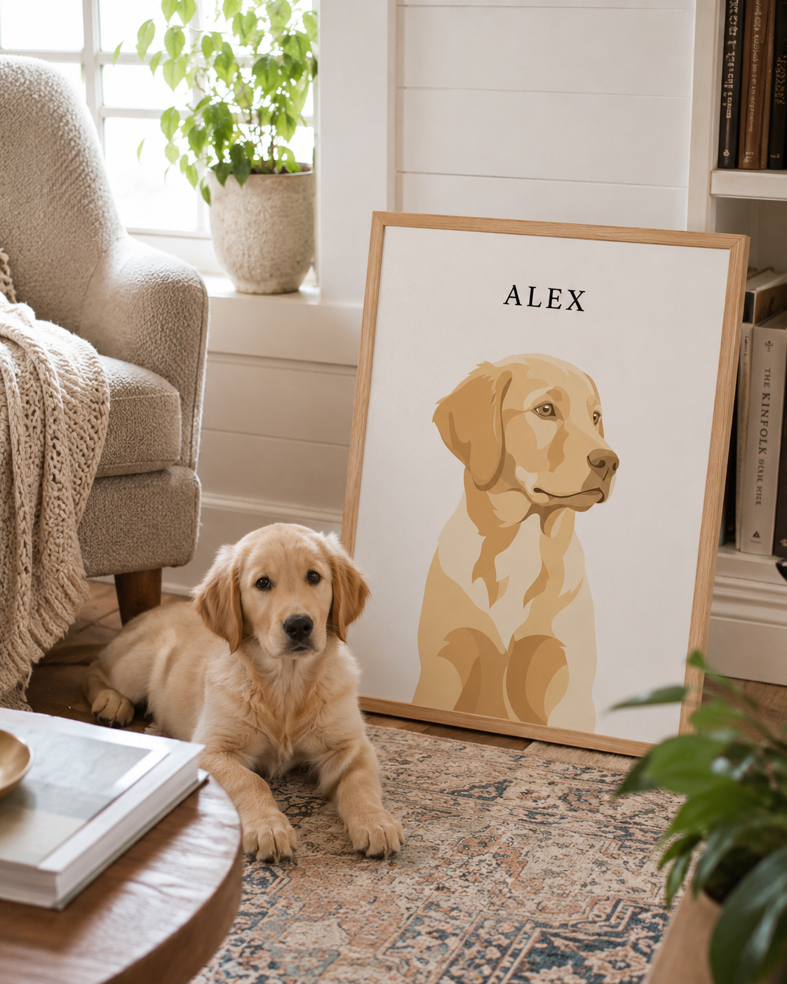 Minimalist framed pet portrait in a bright living room